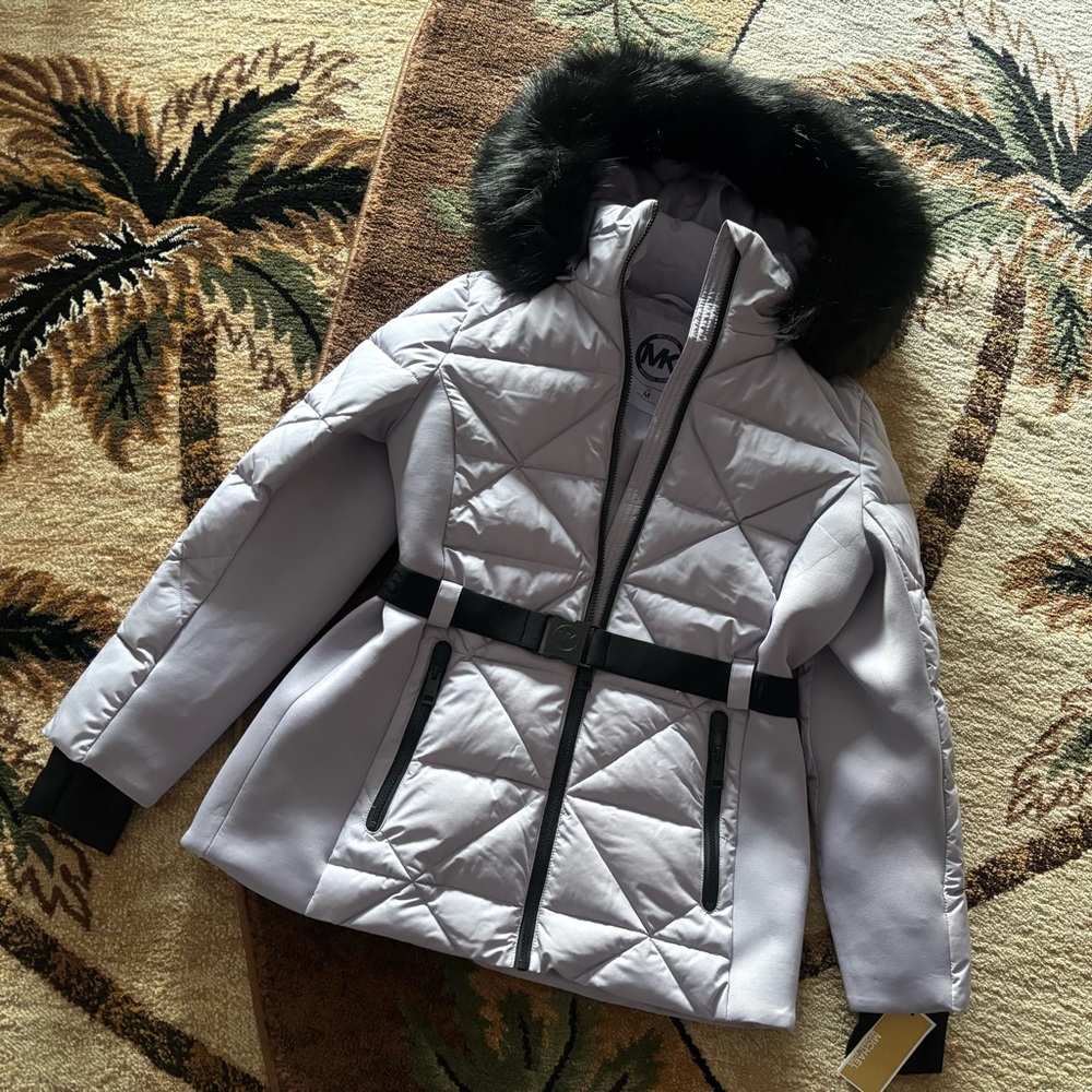 Michael Kors 💅❄️✨ Sweet Lilac Winter Belted MK Fur Puffer Coat Jacket NWT $280 - Picture 1 of 12